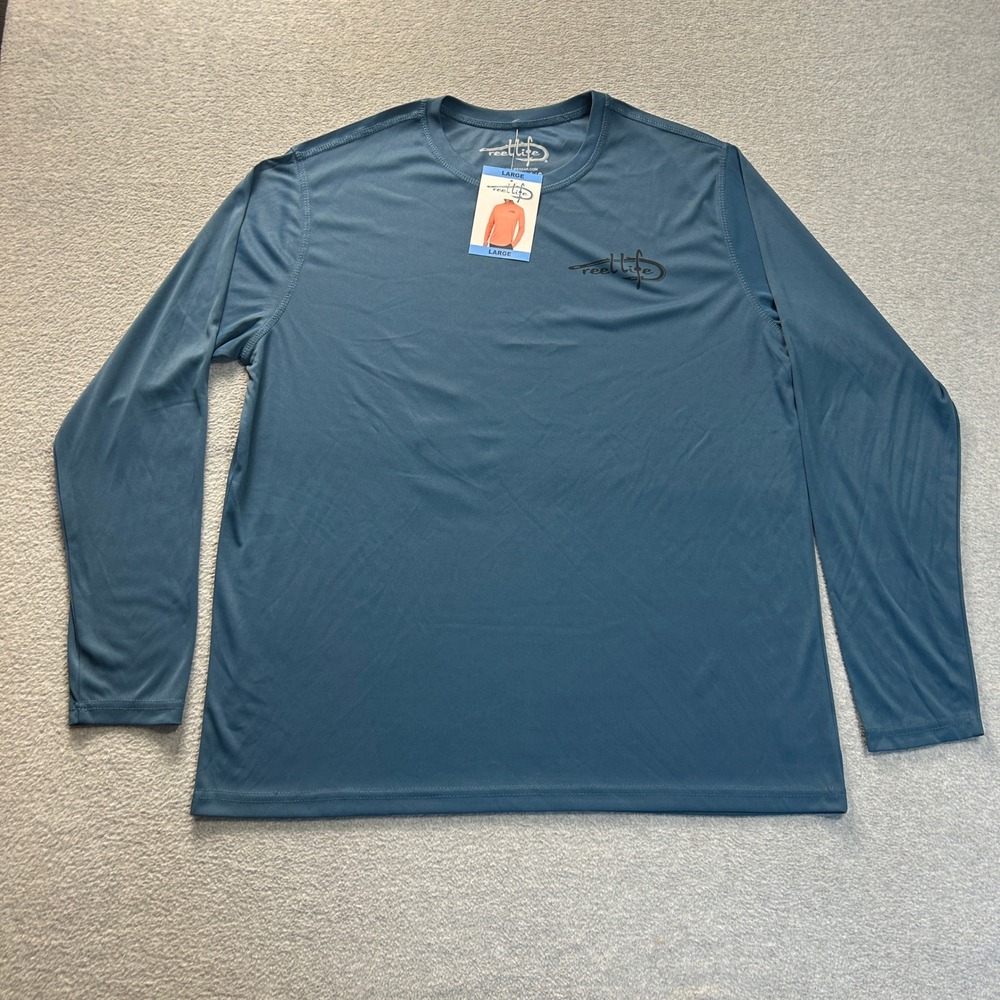 Reel Life Fishing Shirt Mens Large Performance Blue Lure Flag Long Sleeve Angler